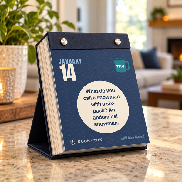 DockTok Daily Dad Joke Calendar 2027 open to an inside page, standing on a desk