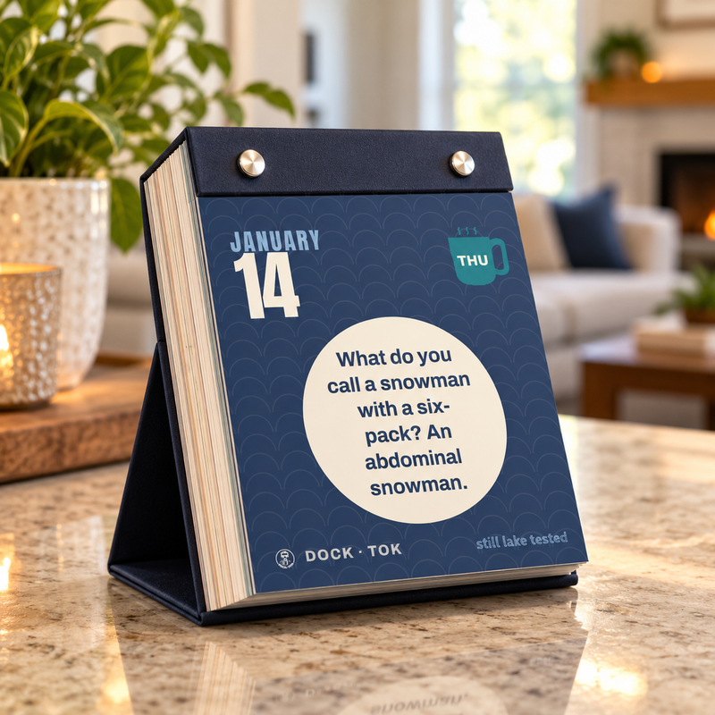 DockTok Daily Dad Joke Calendar 2027 open to an inside page, standing on a desk
